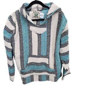 Baja Joe size M Surfers Dream Mexican Poncho Hoodie Boho Beachy Teal‎ Black